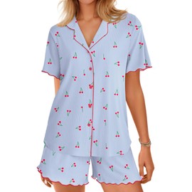 Ekouaer Button Up Pajamas Set for Women Short Sleeve Ribbed Knit Sleepwear 2 Piece Pjs Shorts Set Blue-Cherries M