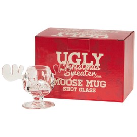 UglyChristmasSweater Christmas Moose Mug Shot Clear Acrylic Cup - Funny Gift Box Set - Pack of 2 or 4-0.9 oz Shot Glasses (4 Pack)