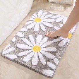 Gift2u Bathroom Daisy Rug, 20x32in Cute Daisy Flower Non-Slip Bathroom Rug Mat Shag, Soft Fluffy Strong Absorb Bath Mat Cartoon Daisy Flower Rug for Home Shower Kithen Bedroom
