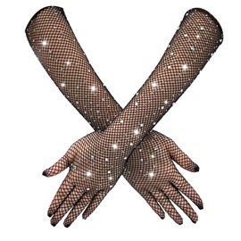 Mikovivi Long Mesh Gloves Rhinestones Mesh Arm Warmers Elbow Length Mesh Gloves Glitter Arm Warmers Costume Accessories for Women Girls Evening Party Prom, black