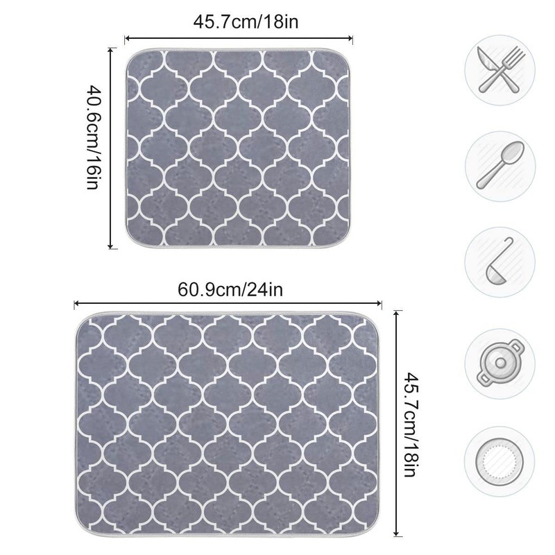 Moroccan Tile Gray Absorbent Dish Drying Mat Microfiber Dish Pat