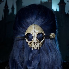 Cat Skull Hair Clip with Wooden Stick – Durable Gothic Bone Hair Accessory for Women, Handmade Skull Hair Pin, Spooky Dark Aesthetic Hair Ornament