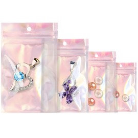 Rimiko 50 Pcs Holographic Clear Sample Bags, Resealable Colorful Ziplock Bags with Hanging Hole, Reusable Zip Pouches for Sample Packaging, Retail, Items and Food Storage (Iridescent, 3.9"x5.9")