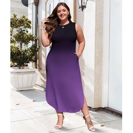 Wolddress Womens 2025 Plus Size Sleeveless Tank Dress Casual Loose Sundress Split Summer Beach Long Maxi Dresses with Pockets Gradient Purple 3XL