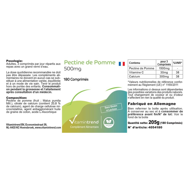 Apple Pectin 500 mg - 180 Tablets - with 1500