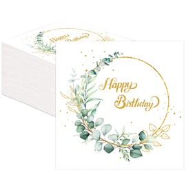 Pack of 80 Eucalyptus Happy Birthday Napkins - Green Birthday Napkins for Table Decoration, 33 x 33 cm, Ideal for Parties & Celebrations