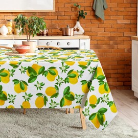 Arquiel Lemon Leaves Rectangle Tablecloth, Wipeable PVC Summer Yellow Tablecloth Waterproof Oil-Proof Table Cover for Home Kitchen Dining Party Decoration, 152x152cm