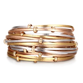 Fesciory Leather Wrap Bracelets for Women, Boho Leopard Multi-Layer Crystal Beads Cuff Bracelet Jewelry (Gold Circle)