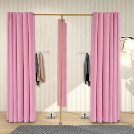 Double Fitting Room for Two, F-Shape Changing Rooms Divider with 3 Shading Curtains Privacy Protection Dressing Room for Clothing Store Corner Changing Room (Pink)