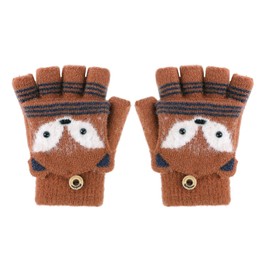 IPENNYE Children's Gloves, Girls, Warm, Autumn, Winter, Cold Protection, Children's Gloves, Animal Pattern, Fox, Cute, Knit Gloves, Junior, Fleece-lined, Five-fingers, Half Finger Cover, Hooded, 2-Way