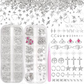 300 Pcs Silver Cross Star Nail Charms, Crown Saturn Butterfly Nail Art Charms, Multi Shapes Silver Rivet Gothic Nails Art Studs for Nails Art DIY