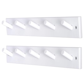 DSEAP Wall-Mounted Coat Rack: 16-Inch Hole-to-Hole, 5-Peg Coat Hanger Hooks for Hanging Towels, Hats, Clothes - White, 2 Pack