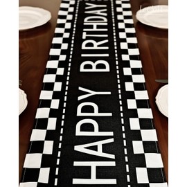 Happy Birthday Table Runner 72 Inches Checkerboard Racing Theme for Birthday Office Party Celebrate Birthday Party Table Decor