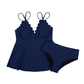 Charmo Women's Two Piece Tankini Sets Scallop Trim V Neck Tankini Top with Bottom Tummy Control Bathing Suit Navy 2XL