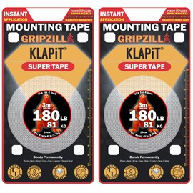 KLAPiT Super Tape - GRIPZILLA 3 Meter Heavy Duty Double-Sided Nano Tape | Holds 180LB/81KG | Fiber-Infused, Waterproof, Residue-Free, Strong Adhesive for Walls, DIY Indoor & Outdoor Use (2 pc Pack)