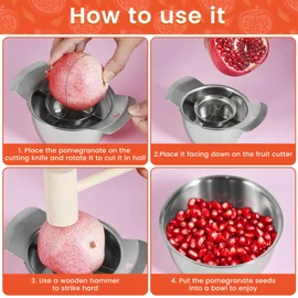 Pomegranate Peeling Tool 304 Stainless Steel Pomegranate Peeler High Efficiency Pomegranate Deseeder Anti-Slip Pomegranate Aril Removal Tools Set with Bowl and Wooden Hammer for Home Kitchen(Suit)