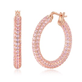 CiNily Hoop Earrings for Women Hypoallergenic,14K Rose Gold Plated 925 Sterling Silver Post Lightweight Pink Crystal Cubic Zirconia Chunky Open Hoops Jewelry 1.2"