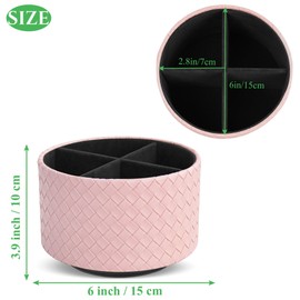 Hennaja Round Leather Art Supply Organizer,Remote Control Holder,360 Degree Spinning,Multi-Functional Pencil Holder,4 Compartments Desktop Stationary Organizer(1-Weave Pink)