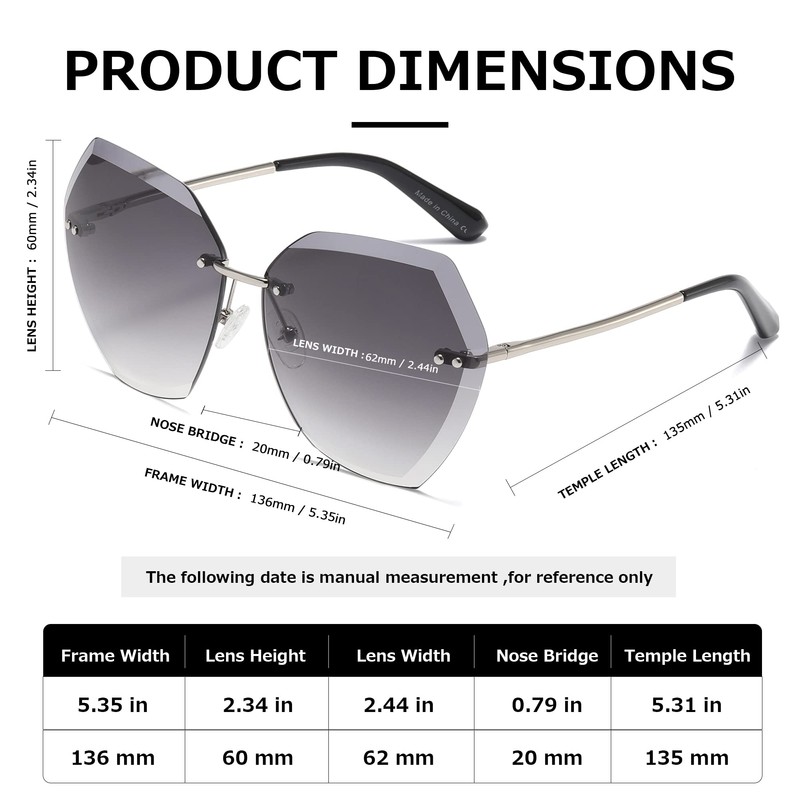 Kimorn Oversized Frameless Sunglasses for Women; Diamond Cut Lenses; Classic