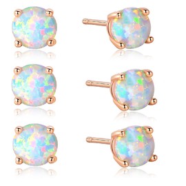 GEMSME 18K Rose Gold Plated Opal Stud Earrings 6MM Round For Women (6mm 3 pairs)