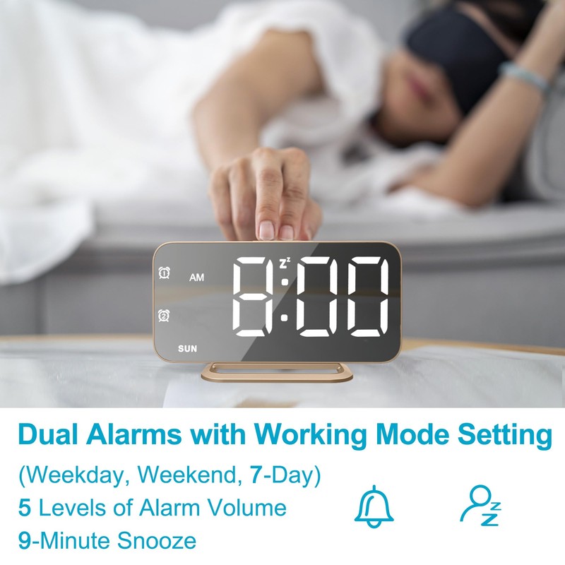 Slim LED Digital Alarm Clock, Mirror Surface for Makeup, with