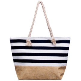 Brandsseller Beach bag, swimming bag, maritime with zip, canvas, approx. 50 x 36 x 15 cm, shoulder bag, shopping bag, bath bag, Striped/Black
