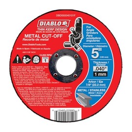 Diablo Thin Kerf Metal Cut-Off Discs - 5" Diameter, 7/8" Arbor, 1 Hub Type, 0.04" Thickness, 12200 Max RPM, 10-Pack - DBD050040110F