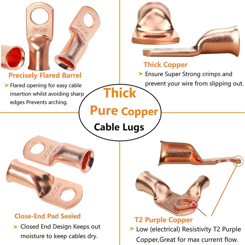 0000 Gauge Pure Copper Lugs 4/0 AWG-1/2" Ring Terminal Cable