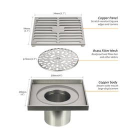 PHASAT Brass Floor Drain Contemporary 4 inches Square, with Removable Strainer,Brushed Nickel,80601N