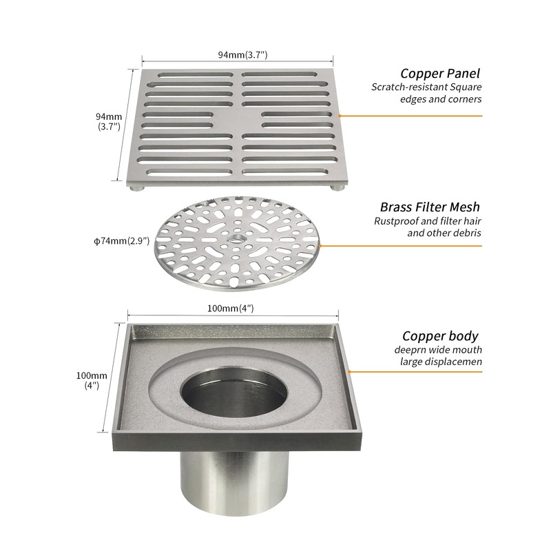 PHASAT Brass Floor Drain Contemporary 4 inches Square, with Removable