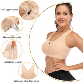 Zip Front Sports Bra - Padded Sports Bras for Women Wireless Post-Surgery Bra Workout Fitness Running Beige
