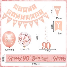 90th Birthday Decorations for Women-Rose Gold 90th Birthday Banners for Her,90th Party Decor Happy 90th Birthday Banner Bunting Foil Hanging Swirls Triangle Flags Confetti Latex Balloons