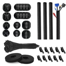 BuFan 126 Piezas Kit Organizador de Gestión de Cables - 10 Soportes para Cables de Silicona, 4 Manguitos para Tubos de Cables, 10 Adhesivos con Cremallera, 100 Bridas de Cable