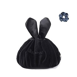 Drawstring Makeup Bag - Lazy Cosmetic Bag Velvet Drawstring Travel Cosmetic Bag Portable Travel Makeup Pouch Magic Toiletry Bag for Womens Girls (Velvet Black)