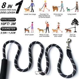 JJW Correa para Perro Manos Libres, Correa Ajustable de Entrenamiento para Perros de 10 pies, Correa de Nailon Resistente, sin tirones para Perros Grandes y medianos (Negro)