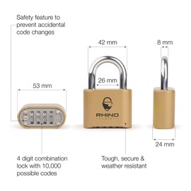 Rhino Lock Secure Lock - Combination Padlock - Gold 4 Digit Combination Lock for Gym, School & Work Lockers; Suitable for Outdoor Use with Fences, Hasps, Sheds & Toolboxes (UK Brand)