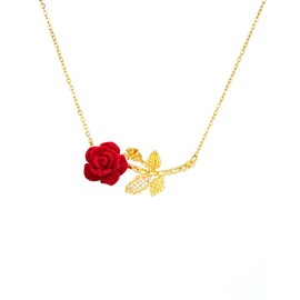 Elegant Rose Flower Pendant Necklace for Women Stainless Steel Gold Plated Crystal Leaf Blossom Charms Choker Chain Adjustable Necklaces Dainty Wedding Birthday Jewelry 18" (Red)