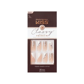 KISS Classy Nails Premium Gorgeous Long Length Coffin Premium False Nails Kit Includes Nail Glue, Mini File, Manicure Sticks and 30 False Nails