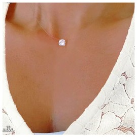 Allereya Vintage Crystal Solitaire Pendant Necklace Silver Tiny Rhinestone CZ Dot Necklace Transparent Chain Necklace Cubic Zirconia Choker Necklace Jewellery for Women and Girls, Metal, Rhinestone,