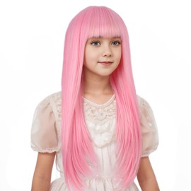 Edivd Girls Light Pink Wig Long Pastel Pink Wig with Air Bangs for Kids Long Pale Pink Straight Wig for Child Heat Resistant Synthetic Wig with Wig Cap
