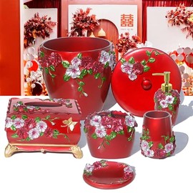 Bathroom Decor Accessories Set,6 PCS Including Soap Dispenser, Toothbrush Holder, Tumbler Soap Dish, Tissue Box and Trash Can, Red, Decorated with Flower