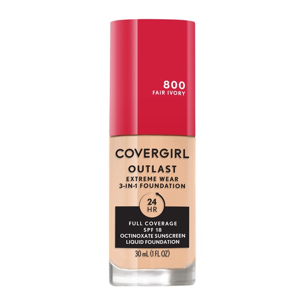 Covergirl Outlast Extreme Wear 3-in-1 Full Coverage Liquid Foundation, SPF 18 Sunscreen, Fair Ivory, 1 Fl. Oz.
