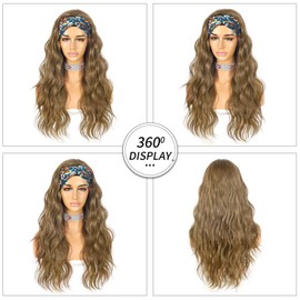 Headband Wig Body Wave Long Wavy Brown Wig Headband Wigs for Black Women Natural Looking Glueless Synthetic No Lace Front Wig with Headbands Attached 26 Inch