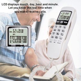 Wall Cordless Telephone, DTMF/FSK Dual System English White LCD Cable Desk Telephone, Landline Connection with Dual Caller ID System