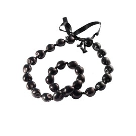Hawaiian Kukui Nut Necklace with Chunky Heart-Shaped Beads Ribbon Tie Closure (Black)