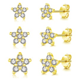 Cangall Silver Stud Earrings for Women Girls, 3 Pairs 925 Sterling Silver Flower Stud Earrings Set Gold for Multiple Piercing, Dainty CZ Small Hypoallergenic Cartilage Sleeper Gold Studs Earrings