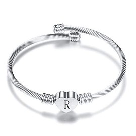 FGT Initial R Letter Cuff Bracelet Silver Heart Bangle Gift Daughter Women Girls Granddaughter Birthday Mothers Day Valentine