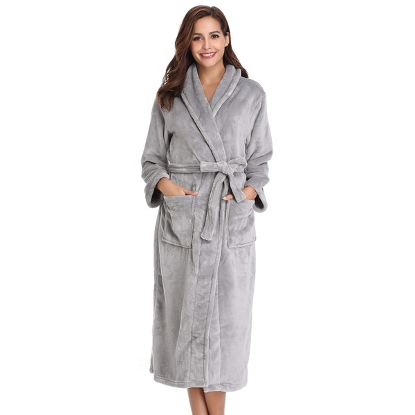 Vlazom Dressing Gowns, Unisex Soft Robe Cosy Terry Towelling Bathrobe for Women/Men , Light Grey, 16-18