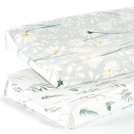 GRSSDER Stretch Ultra Soft Jersey Knit Changing Pad Cover Set 2 Pack, Change Table Pad Covers Fit 32"/34" x 16" Pads Safe and Snug, Pretty Watercolor Daisy Flowers for Baby Girls