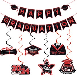 Elicola Happy Graduation Bunting Banner Grad Hat With 6PCS Graduation Hanging Swirls Garland You Did It for Class of 2024 Party Decorations (Red)